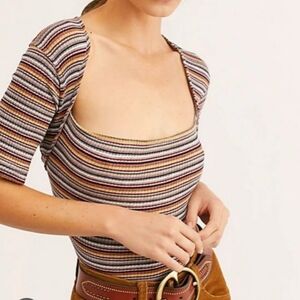 Free People Multicolor Striped Short Sleeve Top